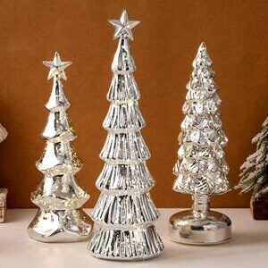 3 Pack Glass Christmas Trees Lighted Tabletop Glitter Holiday Figurines Decor